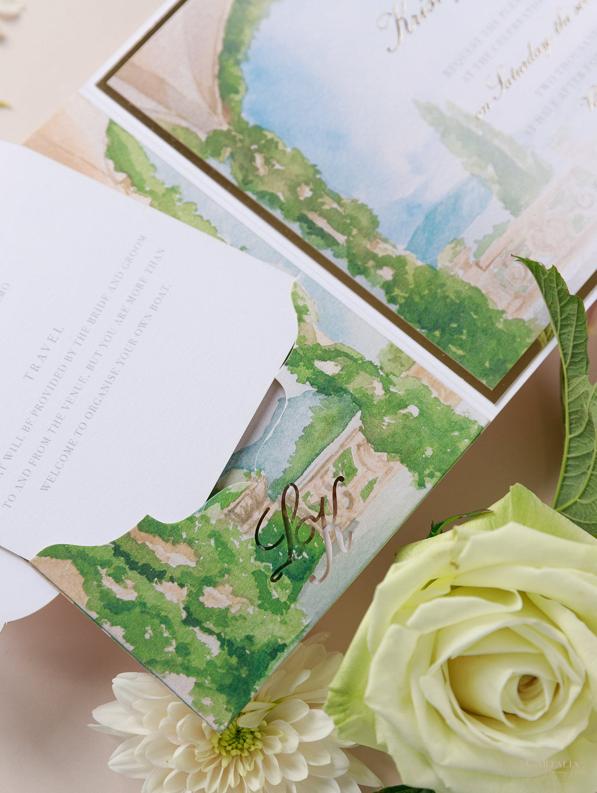 Suite de invitación de boda de lujo Villa del Balbianello | Folio estilo bolsillo con lugar de acuarela y lámina dorada | Boda en el lago de Como