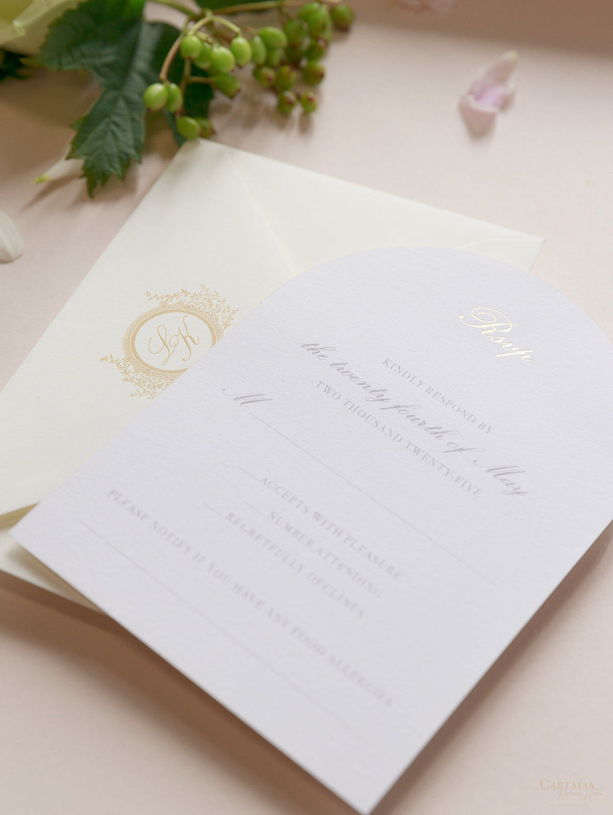 Villa del Balbianello Luxury Wedding Invitation Suite | Pocketstyle Folio with Watercolour Venue and Gold Foil |  Lake Como Wedding