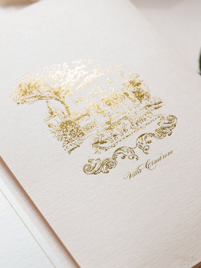 Luxury Blush and Cream Classic Pocket Suite with Gold Foil and Wedding Venue Sketch | Italy Villa Cimbrone, Ravello