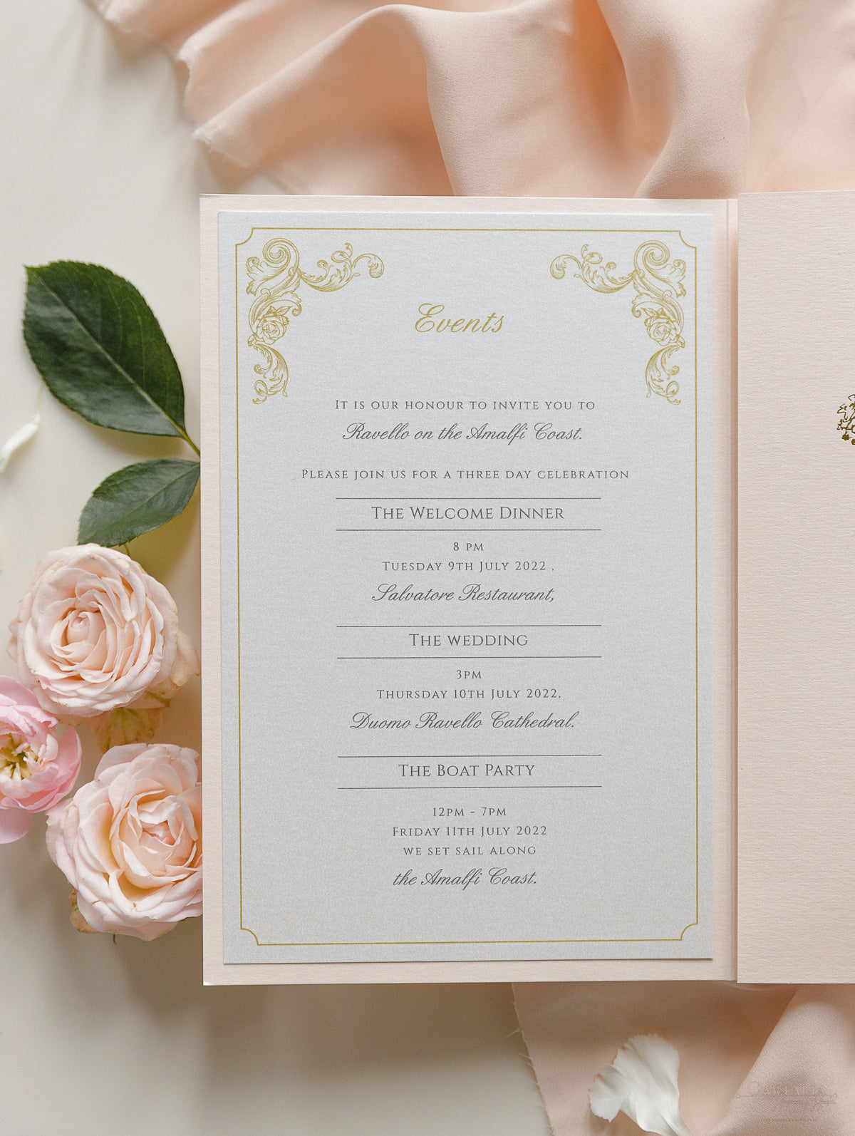 Luxury Blush and Cream Classic Pocket Suite with Gold Foil and Wedding Venue Sketch | Italy Villa Cimbrone, Ravello