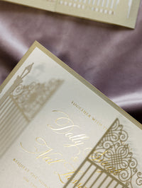 Romantic Ornamental Gate Laser Cut Wedding Invitation Set with RSVP and Personalised Belly Band