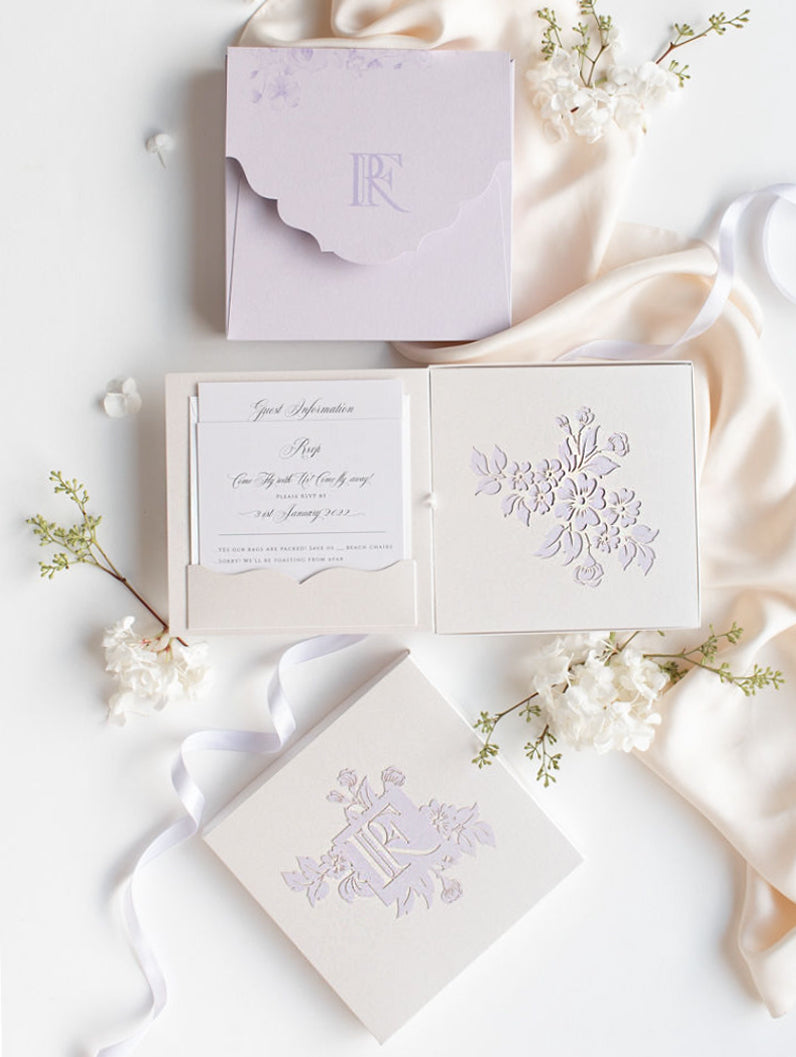 Lilac & Purple Couture Box : 3D Luxuriously Intricate Tier Laser Cutting Wedding Invitation Suite