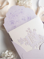 Caja de alta costura lila y morada: Suite de invitación de boda con corte por láser en niveles lujosamente intrincados en 3D