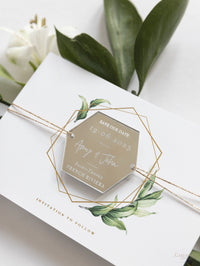 Mirror Plexi in Hexagon Save the Date Magnet with card and Gold String