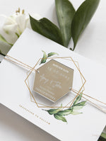 Silver Magnet Hexagon in Mirror Plexi Save the Date with Card and Silver String