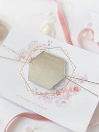 Mirror Plexi in Hexagon Save the Date Magnet with card and Gold String