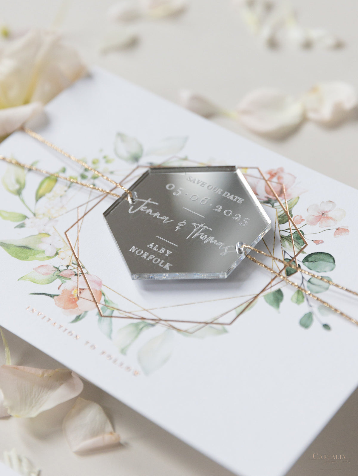 White Hydrangea Flowers and Greenery Silver Mirror Plexi in Hexagon Save the Date Magnet