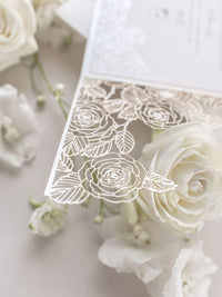 Intricate Laser Cut Roses Detail with Pearl Foil Belly Band Style Wrap Wedding Day Invitation