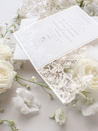 Intricate Laser Cut Roses Detail with Pearl Foil Belly Band Style Wrap Wedding Day Invitation