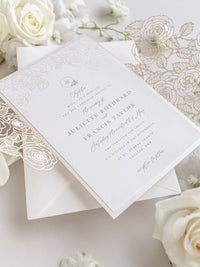 Intricate Laser Cut Roses Detail with Pearl Foil Belly Band Style Wrap Wedding Day Invitation