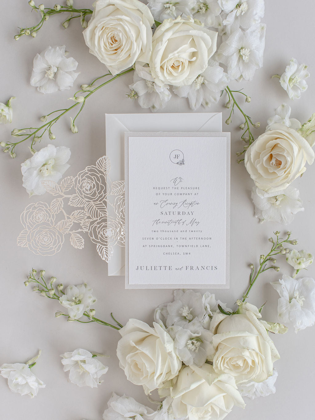 Intricate Laser Cut Rose Detail Evening Invitation