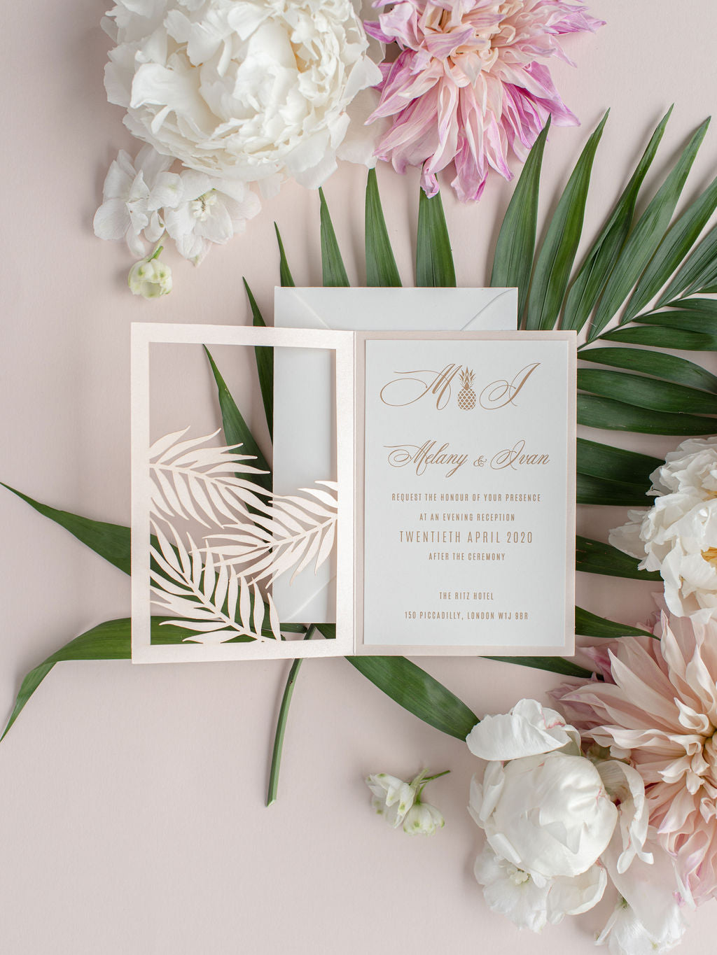 Evening Palm Leaves Laser Cut Tropical Destination Invitation Collection