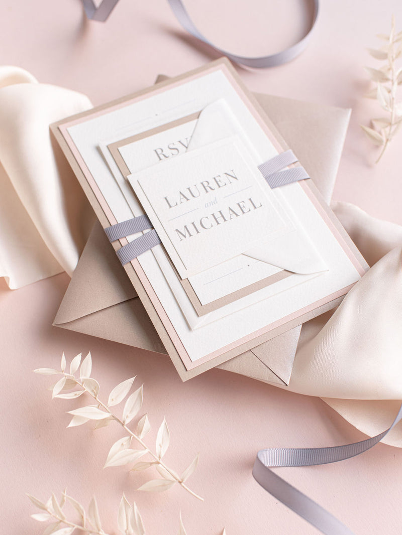 3 Tier Classic Wedding Invitation Suite With Monogram Tag & Ribbon Tie