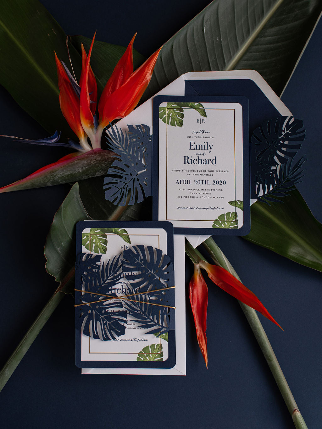 Monstera Paradise Destination Wedding Laser Cut Invitation with Gold Foil frame + Lined Envelope