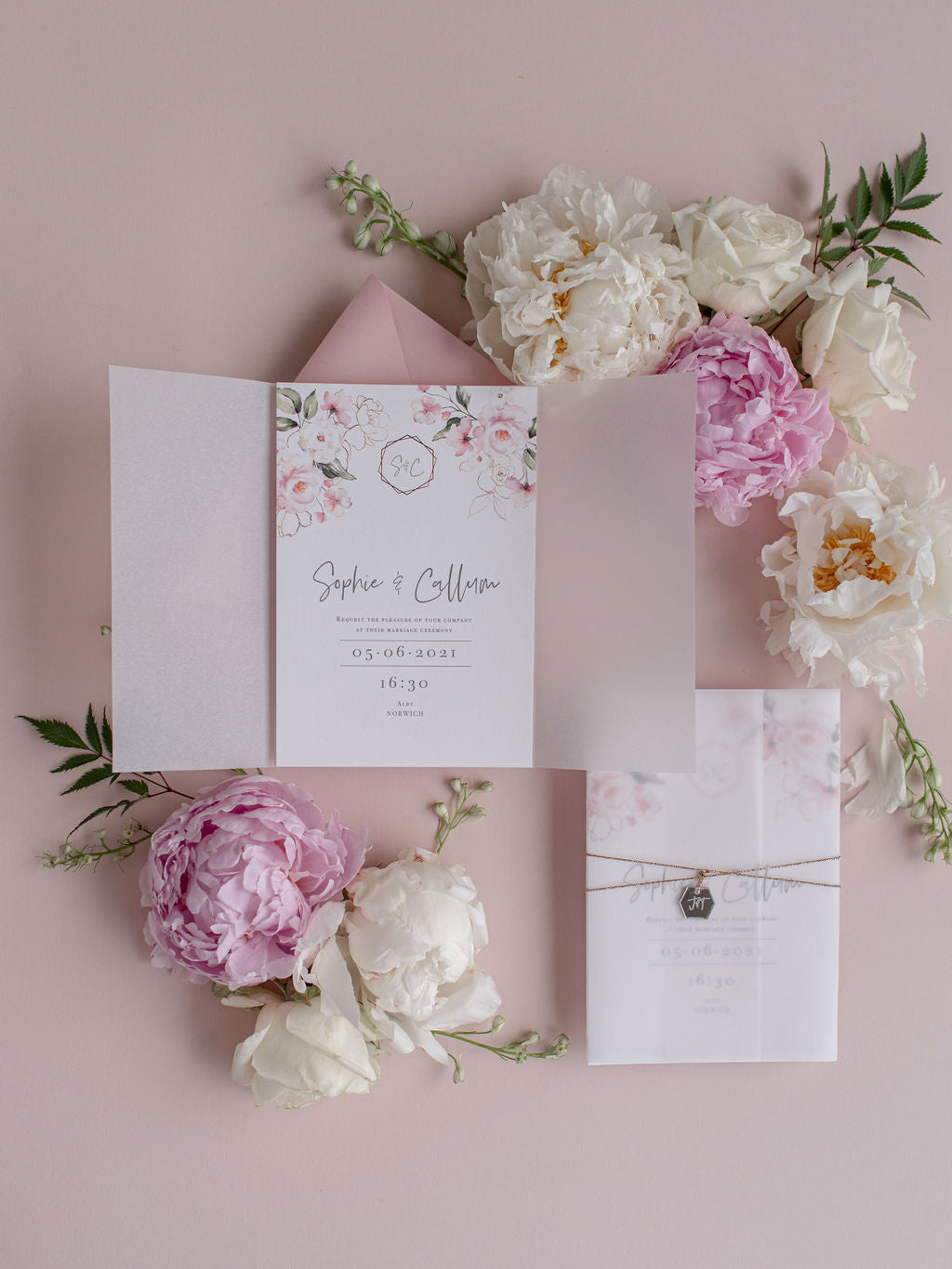 Vellum Day Invitation & RSVP │Pink Watercolour Peonies Flower │ Silver Mirror Plexi