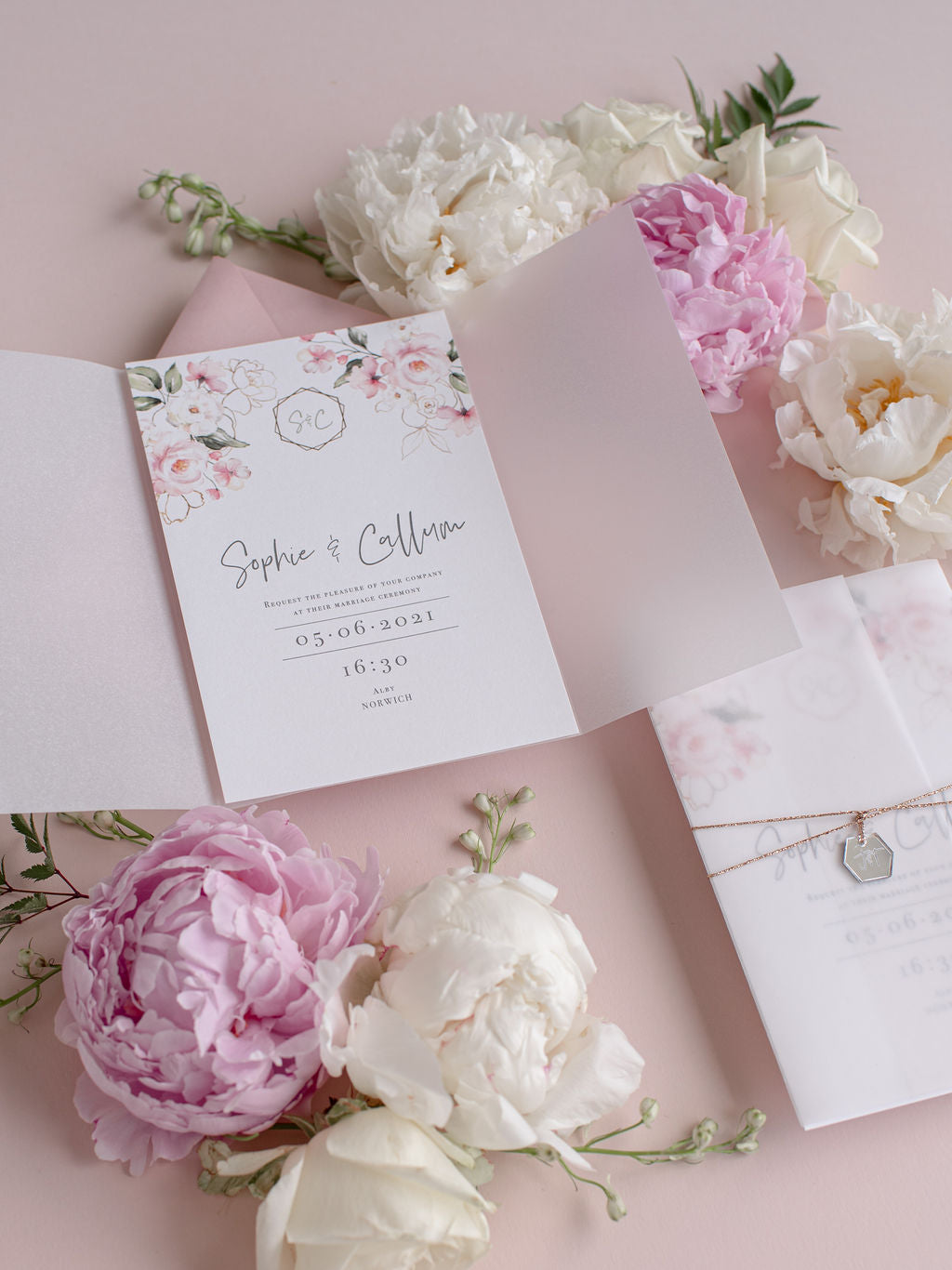 Vellum Day Invitation & RSVP │Pink Watercolour Peonies Flower │ Silver Mirror Plexi