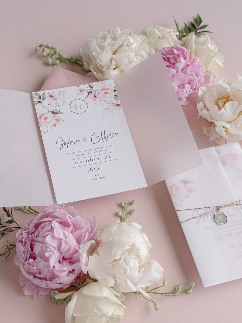 Vellum Day Invitation & RSVP │Pink Watercolour Peonies Flower │ Silver Mirror Plexi
