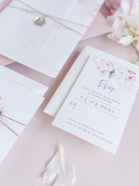 Vellum Day Invitation & RSVP │Pink Watercolour Peonies Flower │ Silver Mirror Plexi