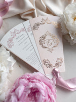 Abanico del programa Regal Wedding Petal, orden de día única, orden de servicio, monograma de lámina de lujo único