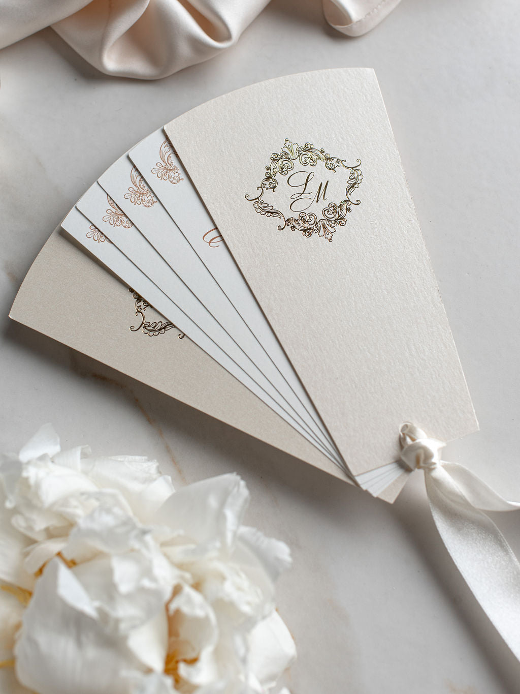 Wedding Petal Program Fan, Unique Order of Day, Order of Service, Unique Luxury Foil Monogram