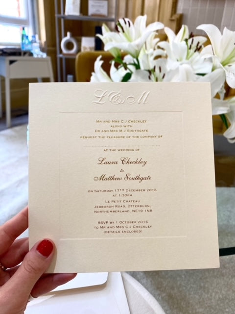 Champagne Luxury Embossed Monogram Wedding Day Invitation with Foil