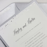 Silver Foil Confetti Dotted Evening Invitation with Monogram + Envelope