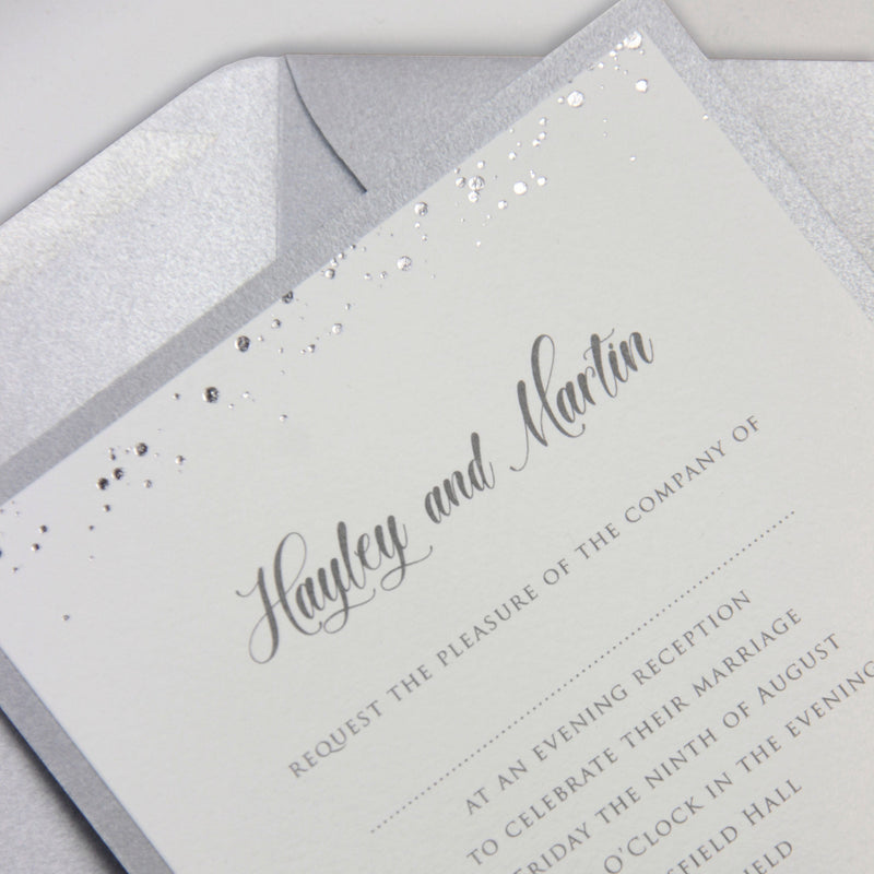 Silver Foil Confetti Dotted Evening Invitation with Monogram + Envelope