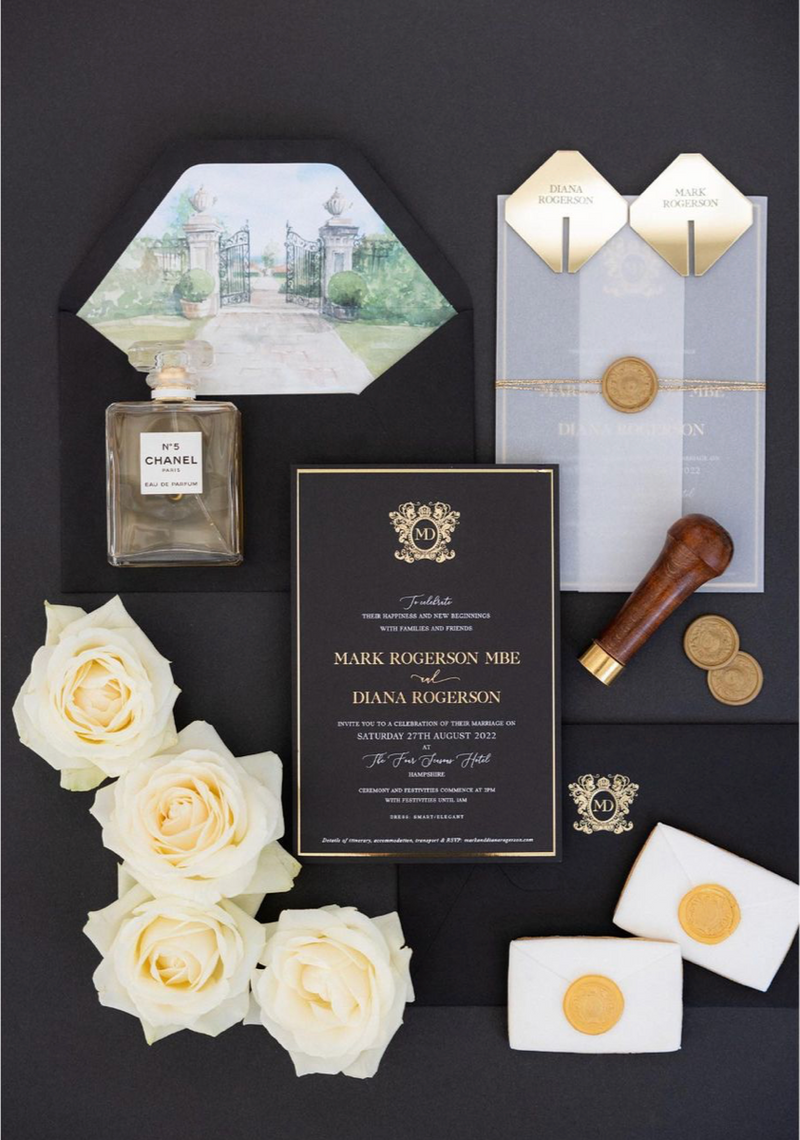 Invitaciones al lugar del Four Seasons Hotel Hampshire | M&amp;D de comisión a medida