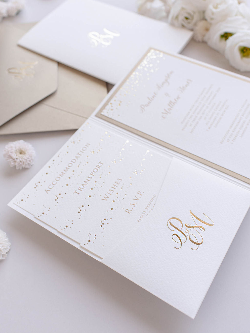 Luxury Royal Gold Foil Confetti Dotted Gold and White Pocket fold Wedding Invitation Suite