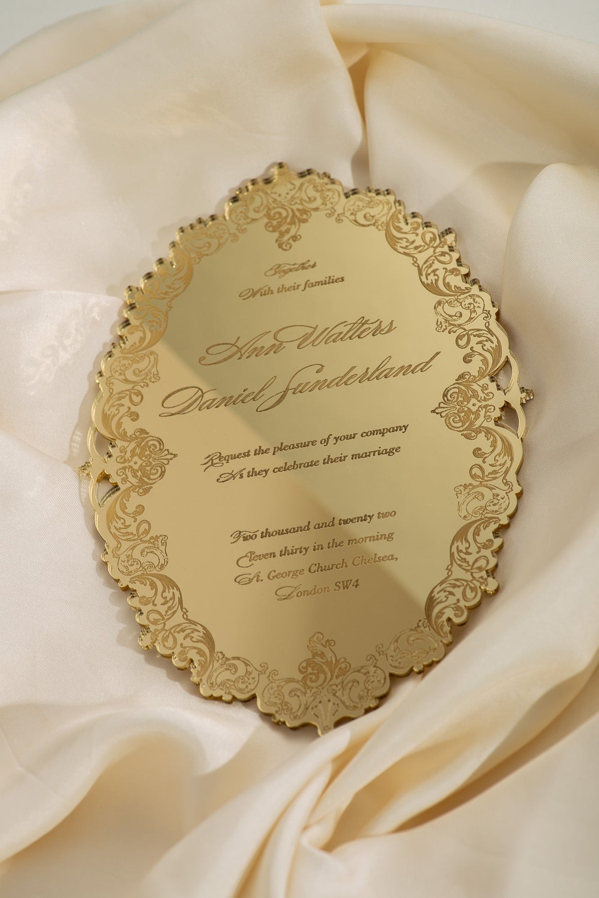 Luxury Boxed Invitation : a Decadent Mirror Gold Plexi Wedding Invitation - Engraved