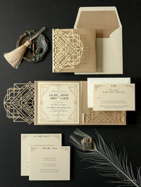 Art Deco Laser Cut Great Gatsby Laser Cut Pocketfold Wedding Invitation Suite with 3 Tier: Guest Info & Travel & RSVP Card