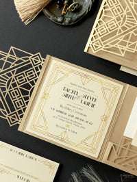 Art Deco Laser Cut Great Gatsby Laser Cut Pocketfold Wedding Invitation Suite with 3 Tier: Guest Info & Travel & RSVP Card