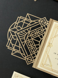 Suite de invitación de boda Art Deco cortada con láser Great Gatsby, cortada con láser, con bolsillo y 3 niveles: información para huéspedes, viajes y tarjeta de confirmación de asistencia