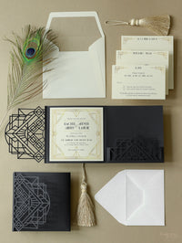Art Deco Laser Cut Great Gatsby Laser Cut Pocketfold Wedding Invitation Suite with 3 Tier: Guest Info & Travel & RSVP Card
