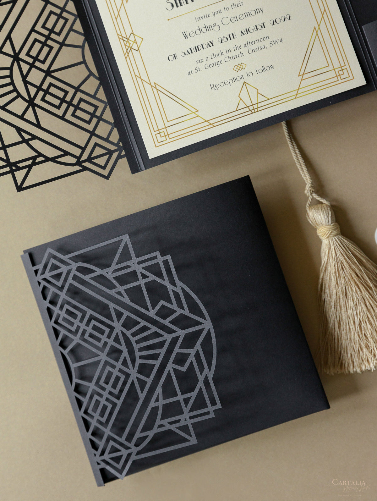 Art Deco Laser Cut Great Gatsby Laser Cut Pocketfold Wedding Invitation Suite with 3 Tier: Guest Info & Travel & RSVP Card
