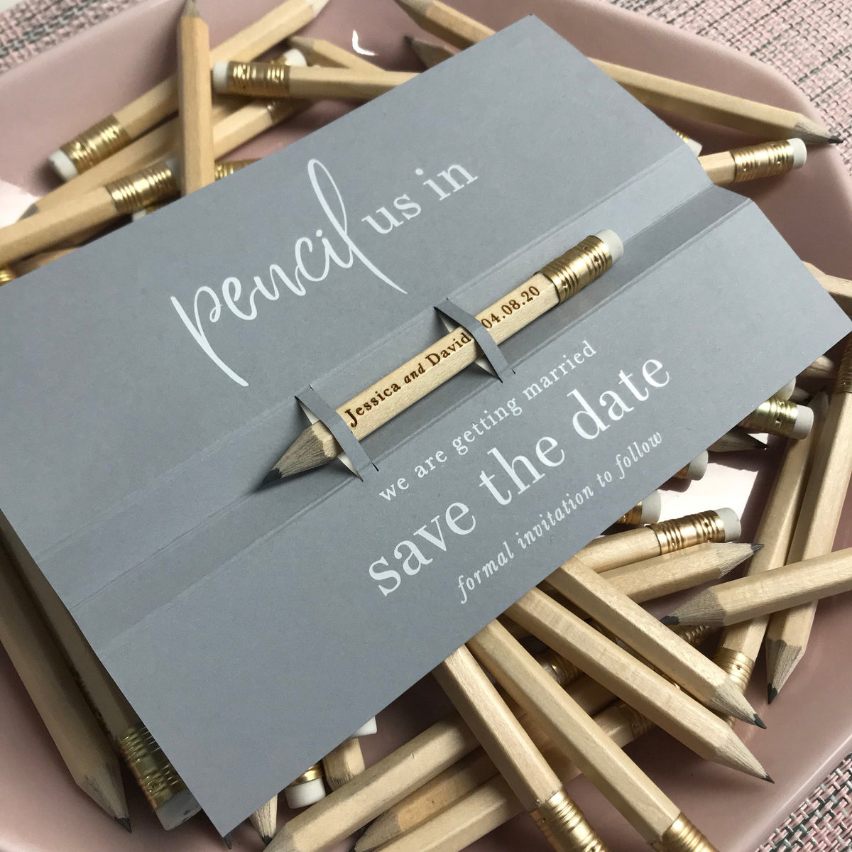 Pencil us in ✏ Save the Date Wedding Card in Dusty Pink with your names Engraved