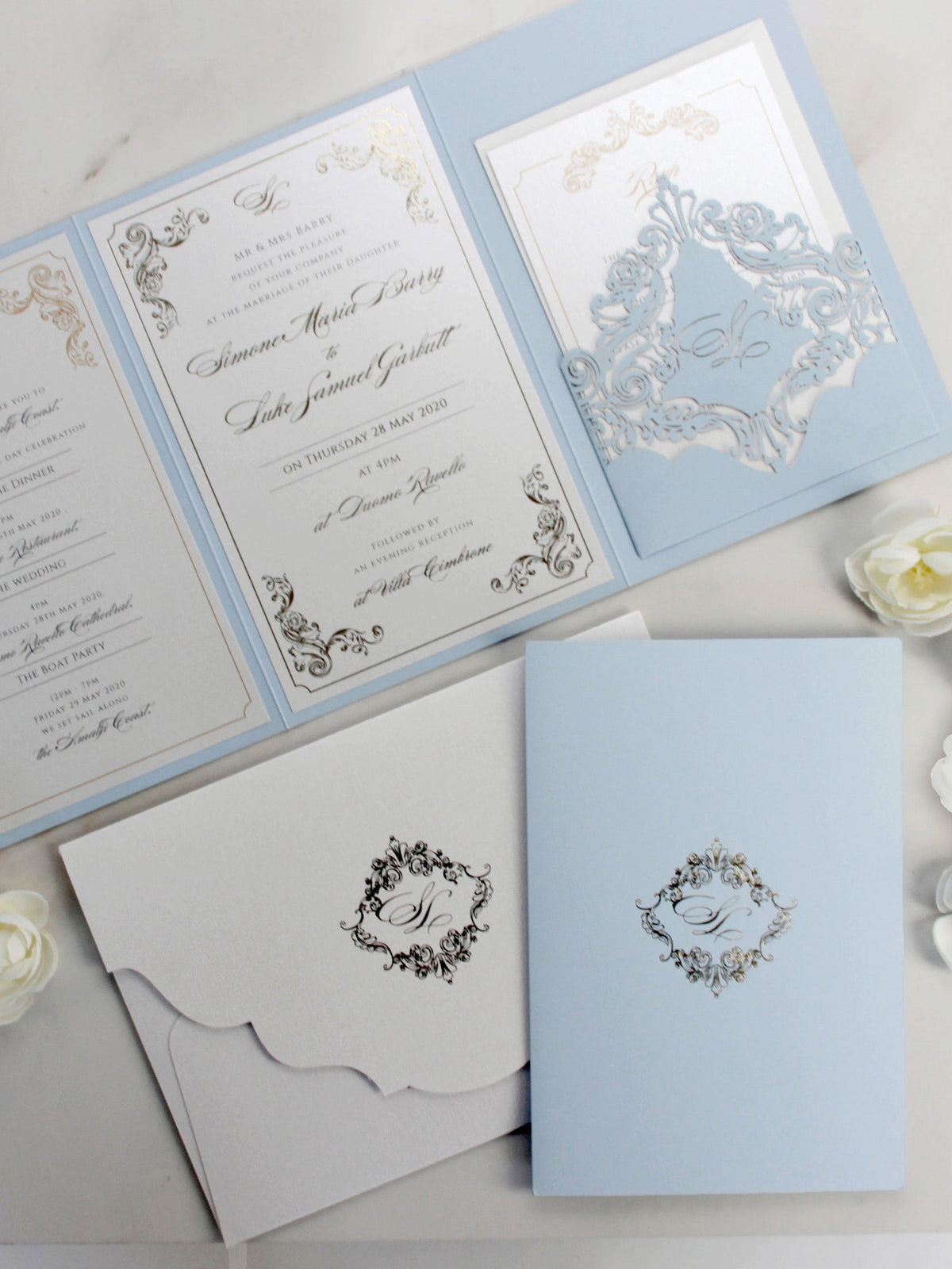 Invitaciones Hotel Villa Cimbrone | Suite de bolsillo para bodas con lámina dorada y boceto del lugar para celebrar la boda