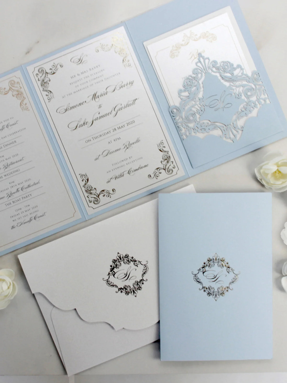 Luxury Blush and Cream Classic Pocket Suite with Gold Foil and Wedding Venue Sketch | Italy Villa Cimbrone, Ravello