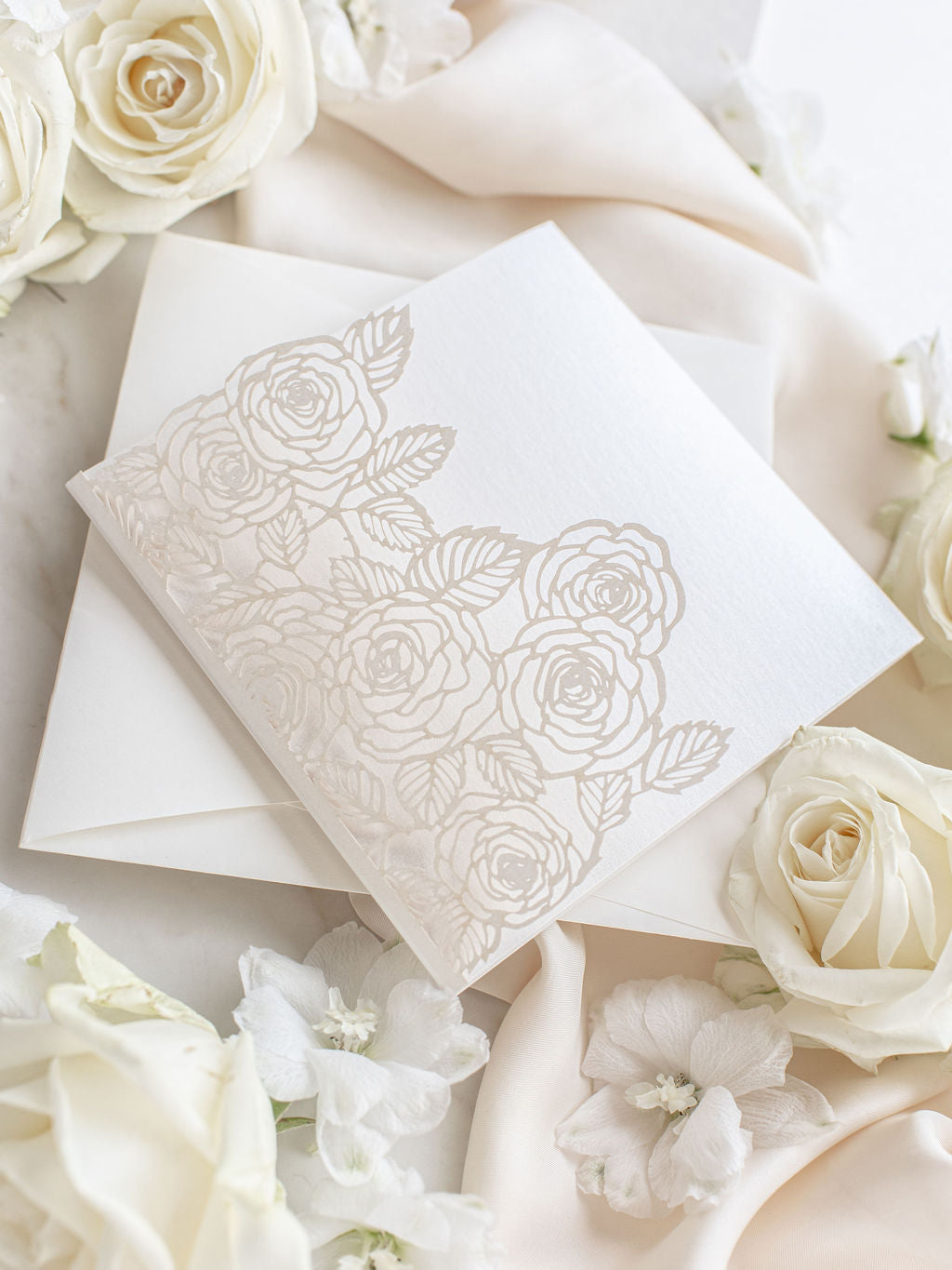 Romantic Roses Blush Laser Cut Pocket Folder with RSVP Card