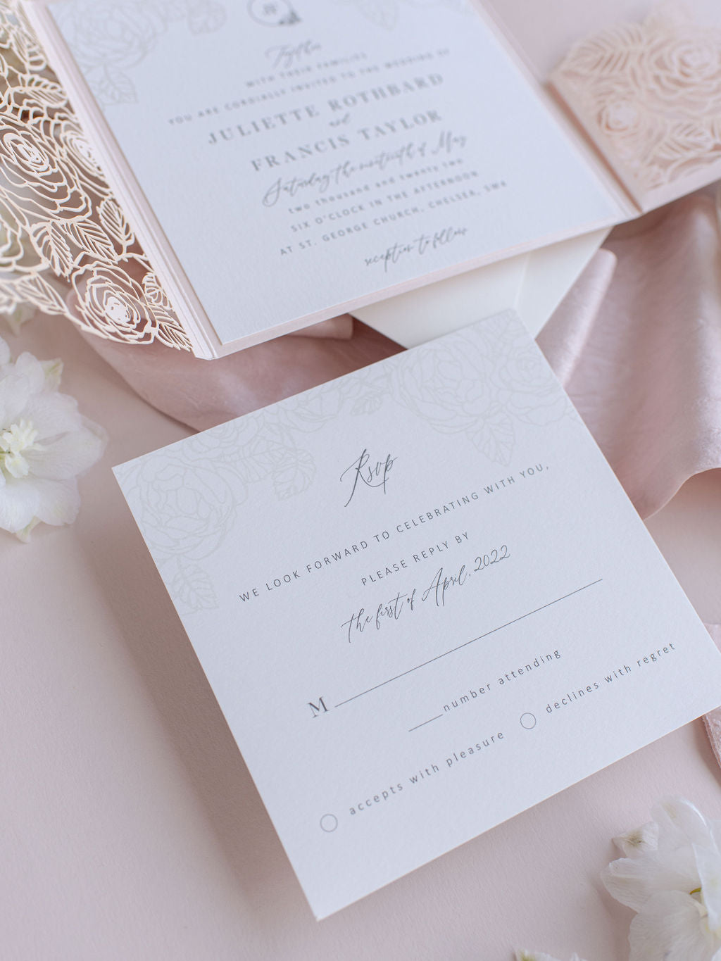 Romantic Roses Blush Laser Cut Pocket Folder with RSVP Card