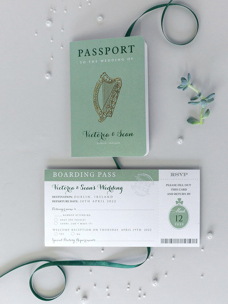 IRISH Passport Wedding Invitation with Lucky Shamrock + Rsvp/Boarding Pass