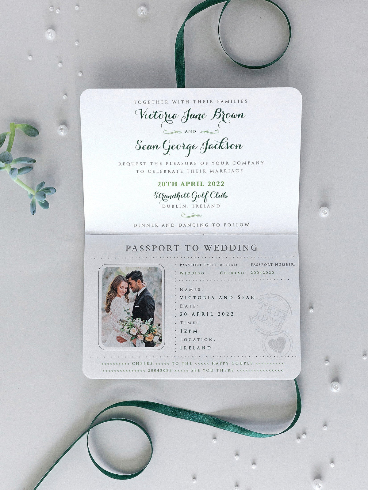 Invitación de boda con pasaporte IRLANDÉS con trébol de la suerte + confirmación de asistencia/tarjeta de embarque