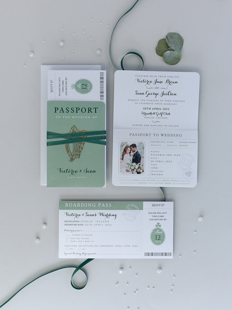 IRISH Passport Wedding Invitation with Lucky Shamrock + Rsvp/Boarding Pass