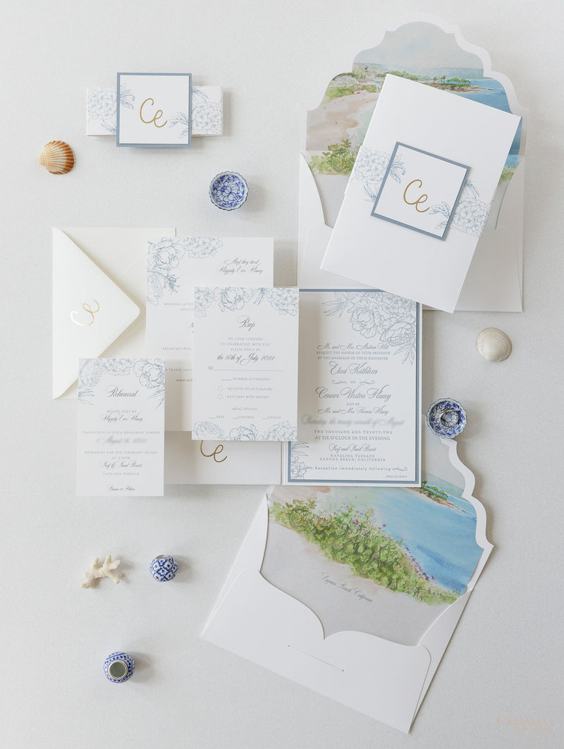 Invitaciones de boda en Laguna Beach, California en azul polvoriento | Comisión C&amp;E a medida