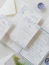 Invitaciones de boda en Laguna Beach, California en azul polvoriento | Comisión C&amp;E a medida