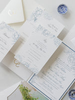 Invitaciones de boda en Laguna Beach, California en azul polvoriento | Comisión C&amp;E a medida