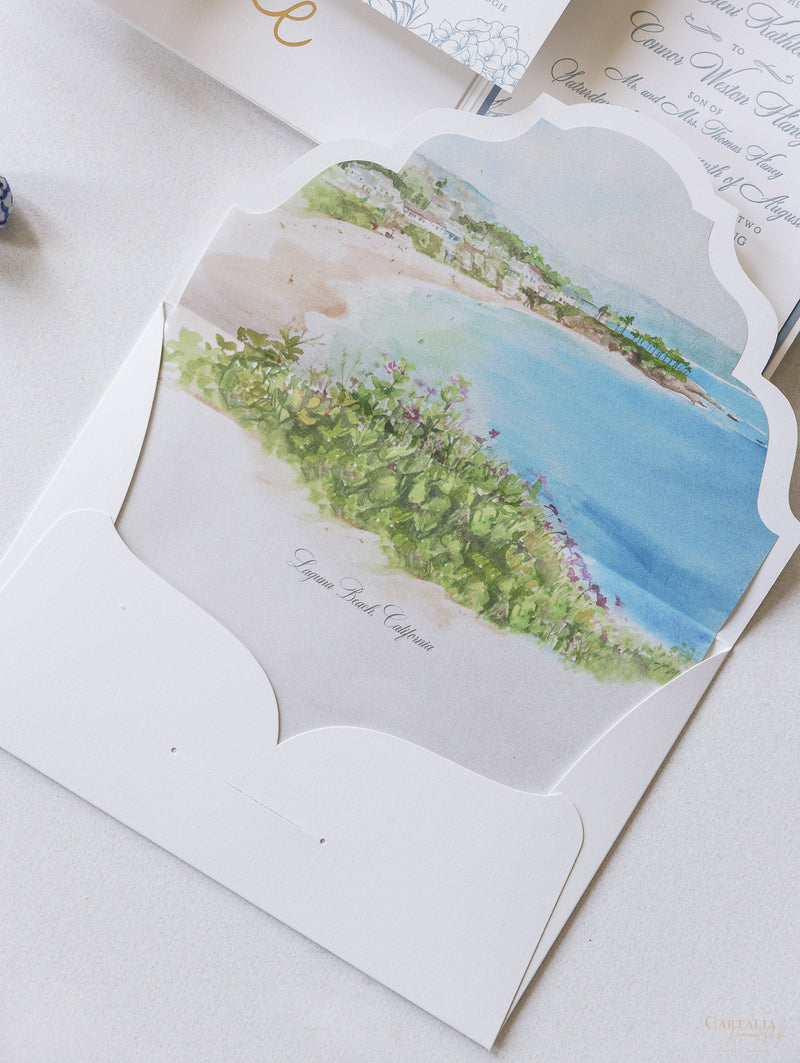 Invitaciones de boda en Laguna Beach, California en azul polvoriento | Comisión C&amp;E a medida