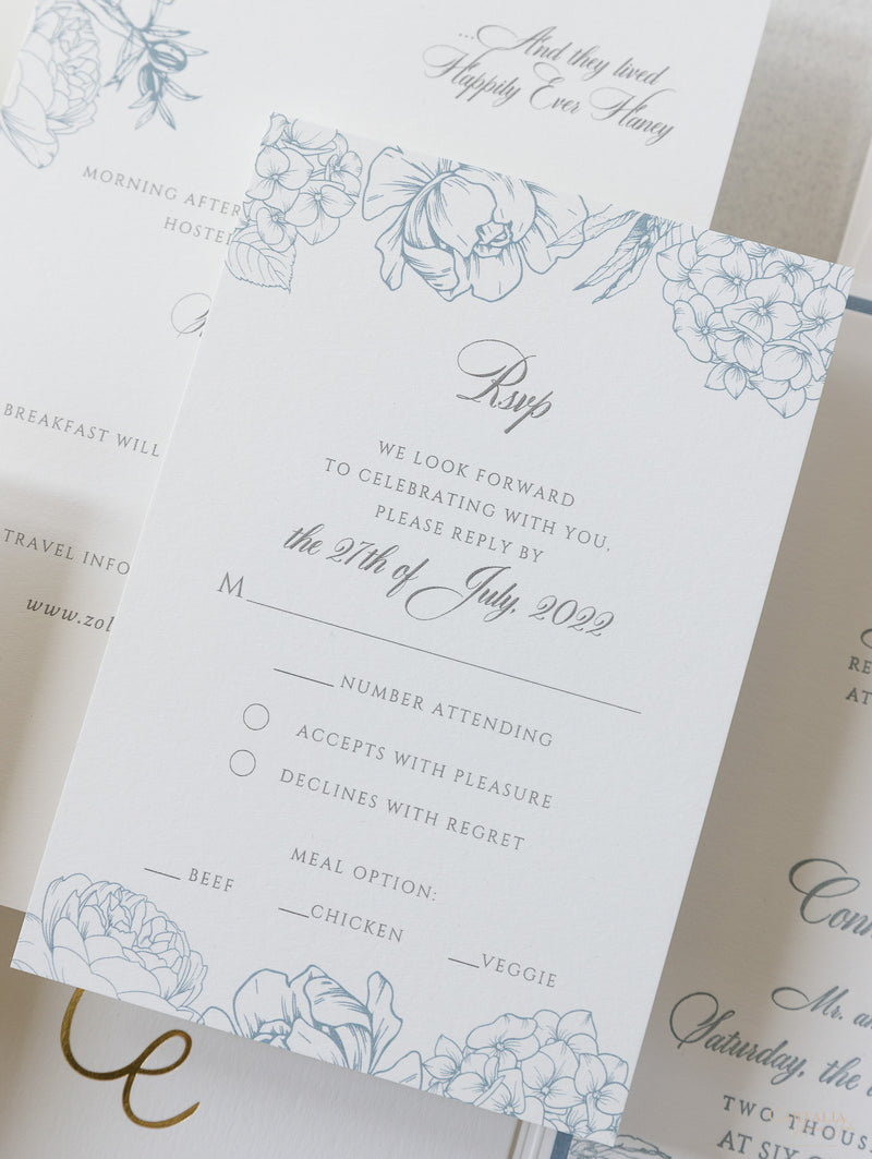 Invitaciones de boda en Laguna Beach, California en azul polvoriento | Comisión C&amp;E a medida