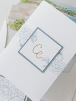Invitaciones de boda en Laguna Beach, California en azul polvoriento | Comisión C&amp;E a medida