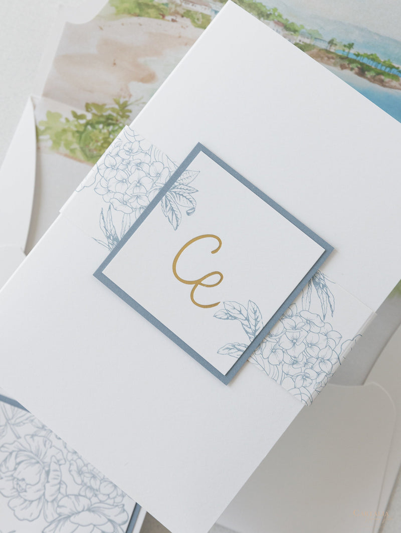 Invitaciones de boda en Laguna Beach, California en azul polvoriento | Comisión C&amp;E a medida